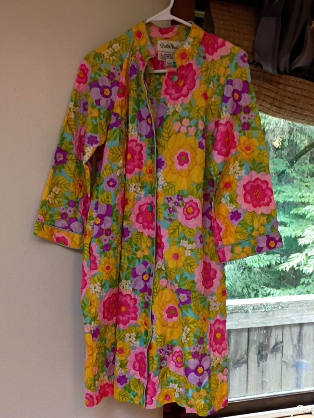 Vintage Bright Floral Quilted Trench Polyester Coat in Yellow, Pink & Purple